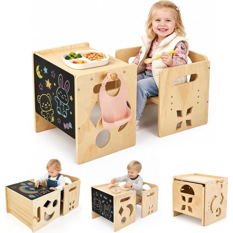 Ensemble Table et Chaises pour Diversification Enfants, Table de Sevrage à Hauteur Réglable en Bois Massif, Ensemble Table et Chaise Massif avec Tableau Noir, pour Dessiner, Lire, Manger, Tout-Petits (1/5)