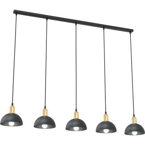 Lampadario 5 Luci Moto In Acciaio Nero E Oro Diffusori A Cupola