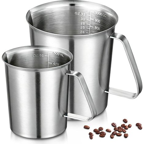 Gobelet Doseur En Acier Inoxydable: Lot De 2 Pot à Lait 500ml+1000ml, Pichet Doseur Avec Marquage Et Poignée Passe Au Lave-Vaisselle Pour Maison, Bar, Café, Cuisine, Restaurant (1/5)