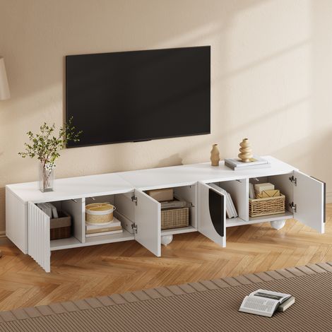 Mueble para TV de MDF y tablero de partículas blanco con detalles negros, 180x40x41,5 cm, apertura push to open (1/5)