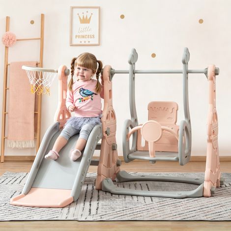 BLANKETSWARM - Toboggan pour enfants, Aire de Jeux 4-en-1 pour Enfants - Balançoire - Panier de Basket - Échelle d'escalade - HDPE - Rose