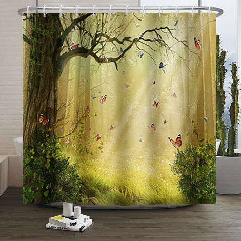 Rideau de Douche forêt de Conte de fées Fantastique Rideau de Douche Papillon Rideau de Douche Rideau de Douche Paysage Lever de solei Tissu imperméable et Lavable en Machine 200x180cm (1/5)