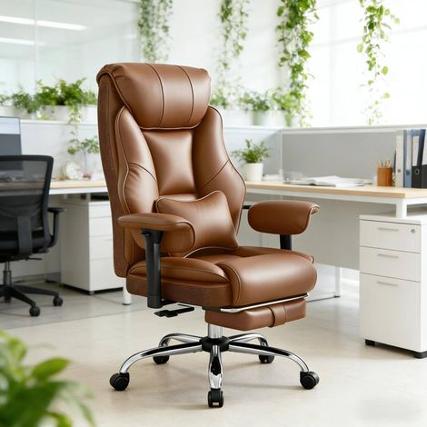 Sedia da ufficio ergonomica girevole, schienale reclinabile, supporto lombare, braccioli regolabili, PU marrone (1/5)