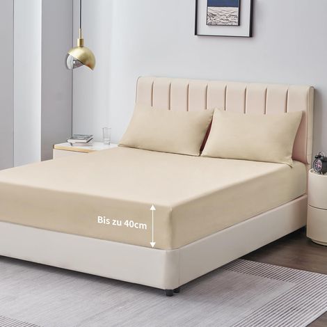 Drap Housse 160x200 Grand Bonnet 40 cm Drap Housse 2 Personnes 160 x 200 Grand Bonnet 40 cm Matelas en Microfibre avec Élastique Tout Autour, Khaki (1/5)