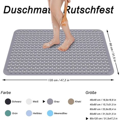 Tapis De Douche, 80 x 120 cm Tapis Antidérapant Ventouses Trous D'évacuation, Tapis Antidérapant PVC, Tapis de Douche Carré Lavable, Lavable en Machine, Sauna, Crochets, Gris (1/2)