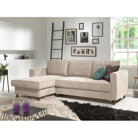Lisa Design – Canapé d'angle convertible 4 places – Coffre de rangement – Velours côtelé beige – Design moderne et élégant (1/5)