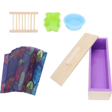 Ensemble de moules à savon en silicone à faire soi-même avec boîte en bois, support à savon, papier d'emballage et fournitures de pâtisserie (violet) (1/5)