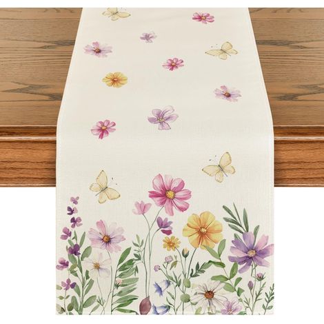 Chemin de table QUFlowers à motif papillons, nappe, décoration de table estivale pour la cuisine ou les fêtes, 33 x 183 cm (1/5)