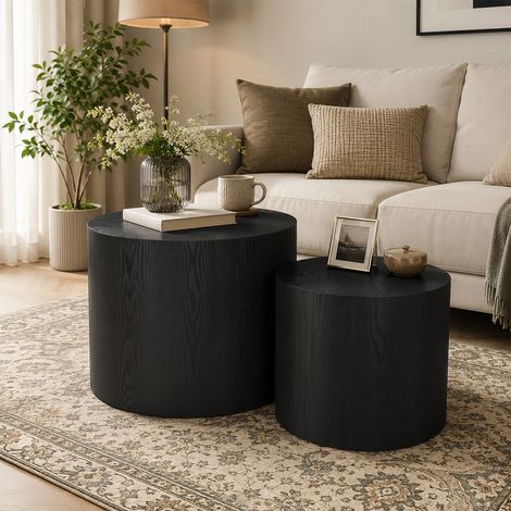 Set de 2 tables d'appoint rondes, table basse moderne avec pieds antidérapants, table en bois pour salon, chambre, bureau, balcon, terrasse, sans montage, noir (1/5)