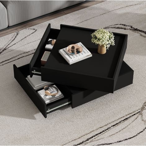 Tavolino da caffè 60x60x38 cm nero, piano girevole 360° e 2 cassetti, truciolare MEUBLIV (1/5)