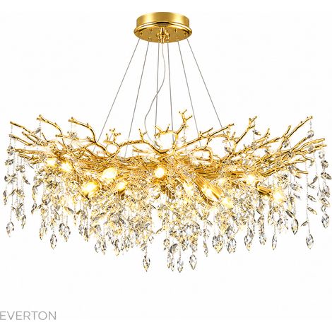 Lustre XXL en Cristal K9 140 cm, Grande Suspension Dorée Style Branches et Feuilles de Cristal, Luminaire Artistique de Luxe à Hauteur Réglable 120 cm, Métal Électroplaqué, Douille E14 pour Salon, Sal