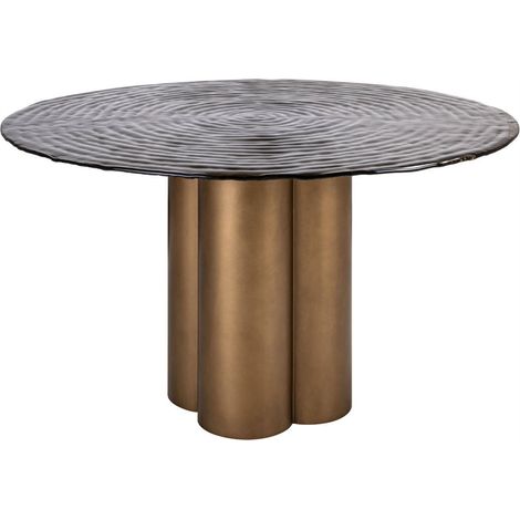 Table à manger ronde dorée en verre texturé - doré antique et verre fumé (1/5)