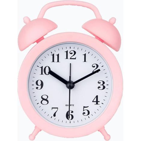 Réveil pour enfant, double cloche, classique, maison, jolie horloge analogique à piles, mini réveil rond pour table de chevet, rose (1/3)