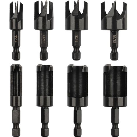 Set mit 8 Korkbohrern, darunter Bohrer mit geradem Schaft und konische Schneidwerkzeuge mit Sechskantschaftgrößen von 1/4 Zoll, 5/8 Zoll, 3/8 Zoll, 1/2 Zoll und 1/4 Zoll, in Schwarz. (1/5)