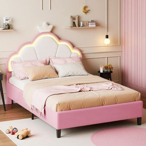 Lit Enfant Fille 90x200cm,Lit Princesse en Forme de Couronne,Lit Adolescente Fille avec Sommier, Lit Couronne Princesse avec LED,Velour, Rose+Blanc (1/5)
