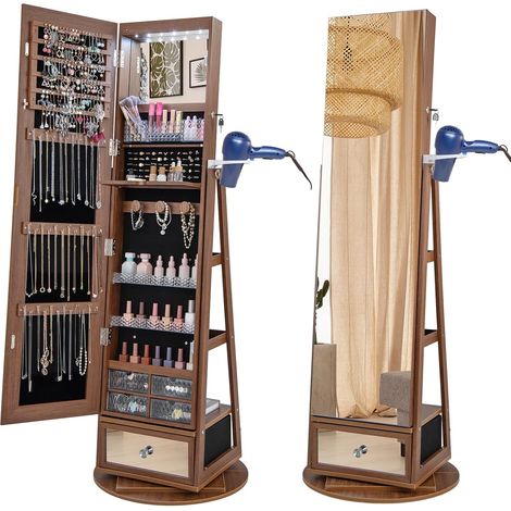 Goplus – Armoire à bijoux pivotante 360° avec miroir pleine longueur – 6 lumières LED – 108 boucles d'oreilles – Design en MDF et verre – Sécurisée et stable