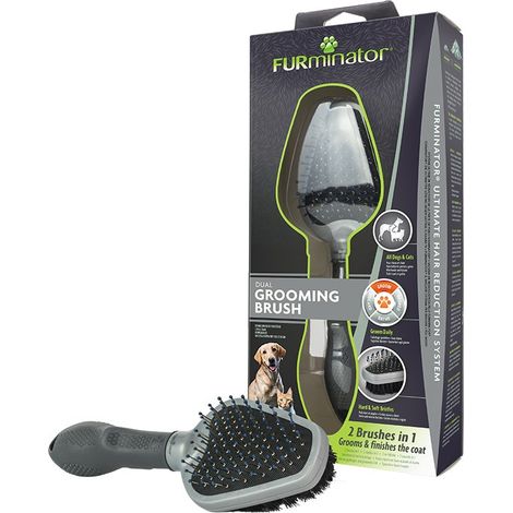 FURminator Spazzola doppia per cani e gatti, spazzola 2 in 1 per la cura del pelo per rimuovere nodi, peli sciolti e sporco, grigia