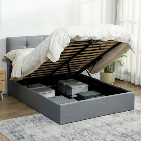 Lit coffre 140x190 cm, cadre lit double rembourré avec sommier lattes bois et rangement caché, sans matelas, gris (1/5)