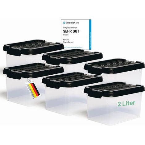 Novaliv Lot de 6 boîtes de rangement avec couvercles, petites, 2 L, anthracite, emboîtables, empilables, en plastique, avec fermeture à clip, sans