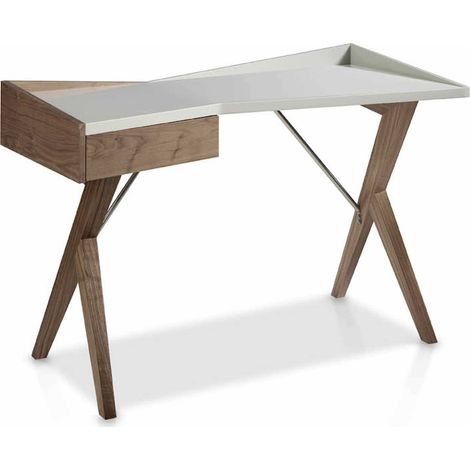 Bureau bois placé noyer plateau laqué - Noir, blanc (1/4)
