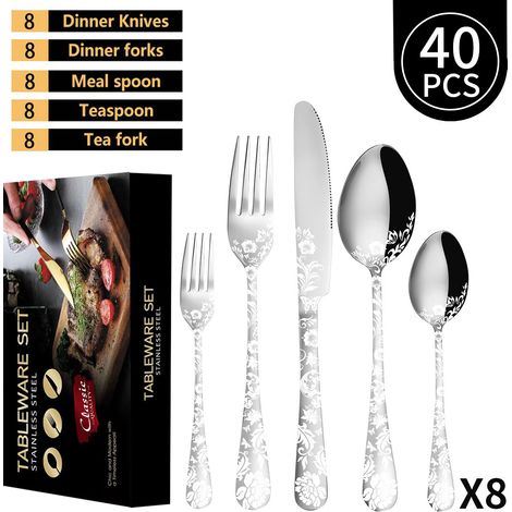 Ménagère 40 Pièces en Acier Inoxydable, Motif Fleur de Pivoine, Service de Couverts pour 8 Personnes, Argent (1/5)