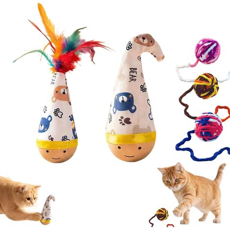 2 Pièces Jouet Interactif pour Chat, Jouet Interactif pour Chat en Bois, Jouets pour Chats Oscillant Plumes avec Chats Jouets Boules pour Cat et Chatons Petits Chiens (1/5)