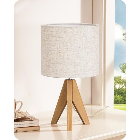 Lampe de Chevet Bois à Trépied, Abat-jour en Lin, E27 Ampoule Incluse, Lampe de Table Moderne Design pour Chambre, Salon, Noyer Clair (1/5)