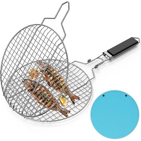 (55 x 28 cm) Runder, tragbarer Grillkorb mit abnehmbarem und arretierbarem Griff, ideal zum Grillen von Gemüse, Fisch und Garnelen im Freien. (1/5)
