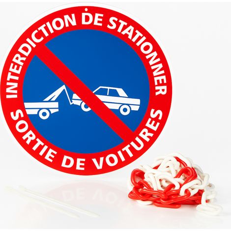 Panneau interdiction de stationner sortie de voitures disque rigide prépercé avec chaine plastique rouge/blanc avec collier de serrage de serrage Diamètre 300 mm