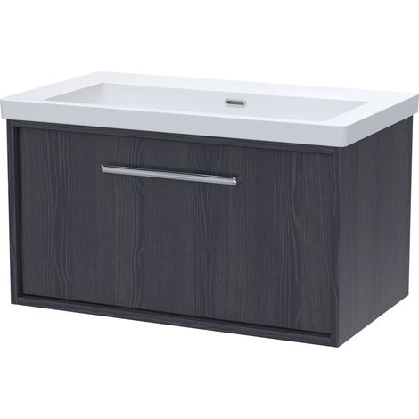Sturbridge Contemporary 1 Drawer Wall Hung Vanity Unit with 0 Tap Hole Fireclay Basin , 800mm, Graphite Grey Woodgrain