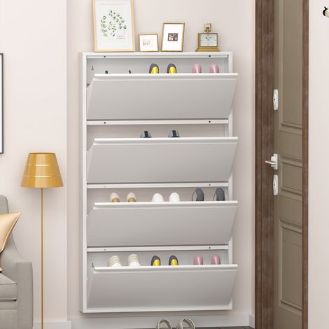 Zapatero metálico con 4 cajones abatibles, organizador de zapatos de pared, almacenamiento de zapatos estrecho y discreto para la entrada, blanco (1/5)