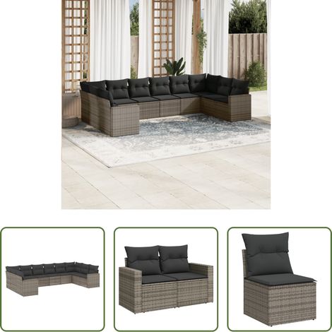 vidaXL Canapé en résine - Salon de jardin avec coussins 10 pcs gris résine tressée (1/5)