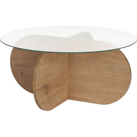 Table basse de salon en verre trempé et bois MDF mélaminé chêne saphir et transparent 75 x 75 x 35 cm - Livraison gratuite (1/5)