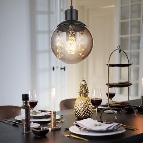 Suspension lampe de table à manger suspension salon, verre fumé, métal noir, 1x E27, DxH 15 x 150 cm (1/5)