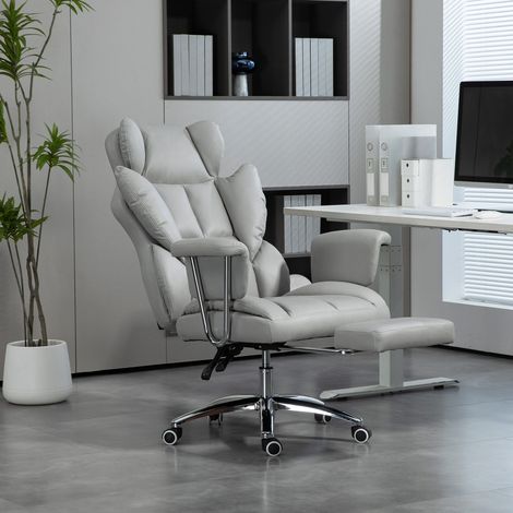 Silla de oficina ergonómica, tapizada, con reposapiés, respaldo ajustable, giro de 360°, gris claro. (1/5)