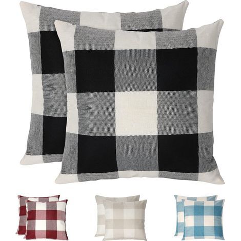 Fodere per cuscini a quadri, set da 2, in lino traspirante e antipiega, federe a quadri, fodere decorative per cuscini per la casa, nere (1/5)
