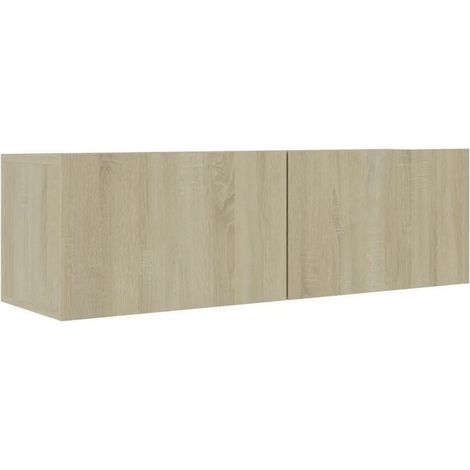 Les Tendances – Meuble TV suspendu 2 portes en bois MDF chêne clair – Dimensions L 100 x H 30 x P 30 cm – Espace de rangement pratique (1/3)