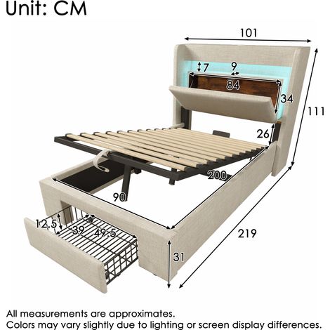 Lit 90x200 cm avec sommier à lattes en bois, tête de lit compartimentée avec éclairage LED et ports USB-C & USB, coffre de rangement hydraulique, beige lin, sans matelas (1/4)