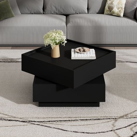 Mesa de centro giratoria 360° con 2 cajones y almacenamiento 60 x 60 x 38 cm negra OKMYHOME (1/5)