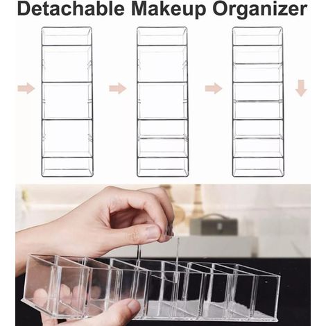 Boîte de rangement compacte transparente en acrylique à 8 compartiments pour poudre, rouge à lèvres, fard à joues et fards à paupières. (1/5)
