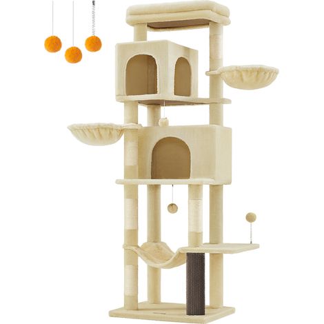 Feandrea – Arbre à chat 175 cm – Multi-niveaux avec 2 niches, 2 paniers, 5 griffoirs, toilettage autonome, hamac – Tissu peluche beige sable