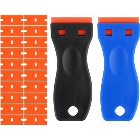 2 Pièce Grattoir en Plastique avec 20 Lames, Vitrocéramique Plaque Grattoir, Grattoirs pour Enlever Les étiquettes, a Colle, la Peinture Autocollants et Décalcomanies （Noir Bleu）