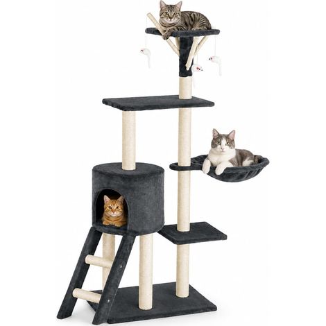 Arbre à Chat, 144 cm Arbre à Chat Griffoir, Tour d'escalade Stable à Plusieurs Niveaux pour Chat, Arbres d'activité pour Chat avec 7 poteaux en sisal, 5 Plates-Formes, 2 nids et escaliers, Gris (1/5)