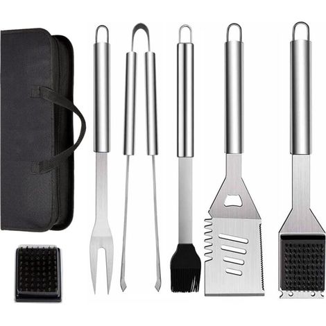 Set aus 6 Grillutensilien aus Edelstahl mit Tragetasche, bestehend aus Pfannenwender, Grillzange und Gabel, zum Grillen, Kochen und Campen. (1/4)