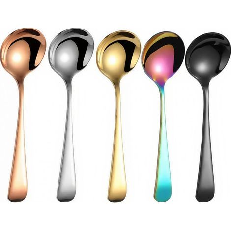 Cuillère en acier inoxydable cuillère à dessert cuillère à soupe, tête ronde colorée, gâteau à la crème glacée, cuillère à café, cuillère à vaisselle de cuisine (1/5)
