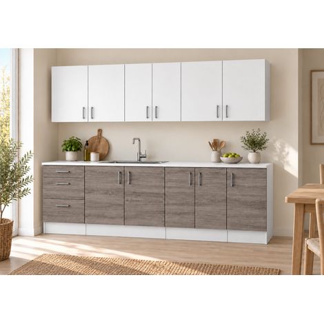 Küchenzeile 220 cm, 7 Schränke, Sonoma Eiche dunkel unten / Weiß matt oben, ohne Arbeitsplatte (1/5)