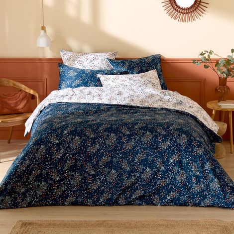 Parure de lit 3 pièces réversible satin de coton 110 fils floral housse + taies Bleu Marine 260x240 cm