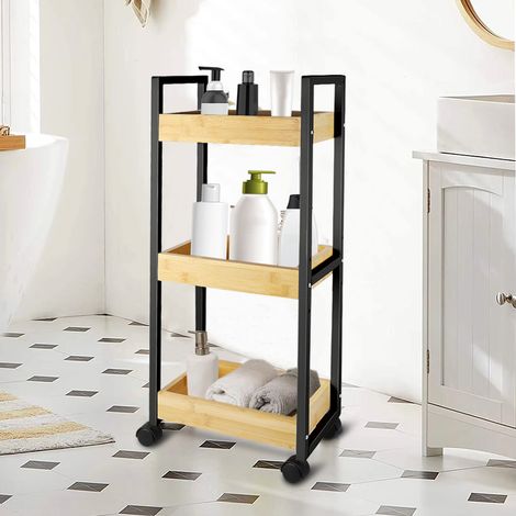 Chariot de Salle de Bain sur Roulettes Bambou Gain de Place 20x30x80 cm Noir et Couleur Boisée (1/5)