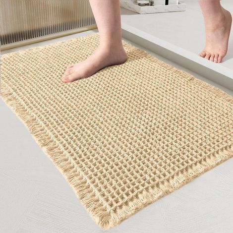 Tapis de Bain en Coton à Motif Gaufre, Antidérapant et Très Absorbant, Séchage Rapide, Tapis de Salle de Bain Lavable pour Douche et Baignoire, Beige, 50 x 80 cm (1/5)