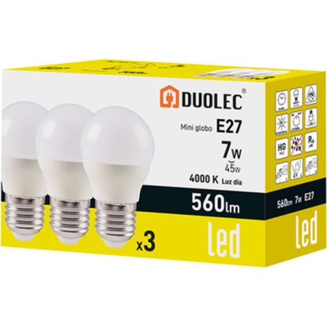 Pack 3 bombillas led Mini Globo DUOLEC E27 luz día 7W - (1/2)